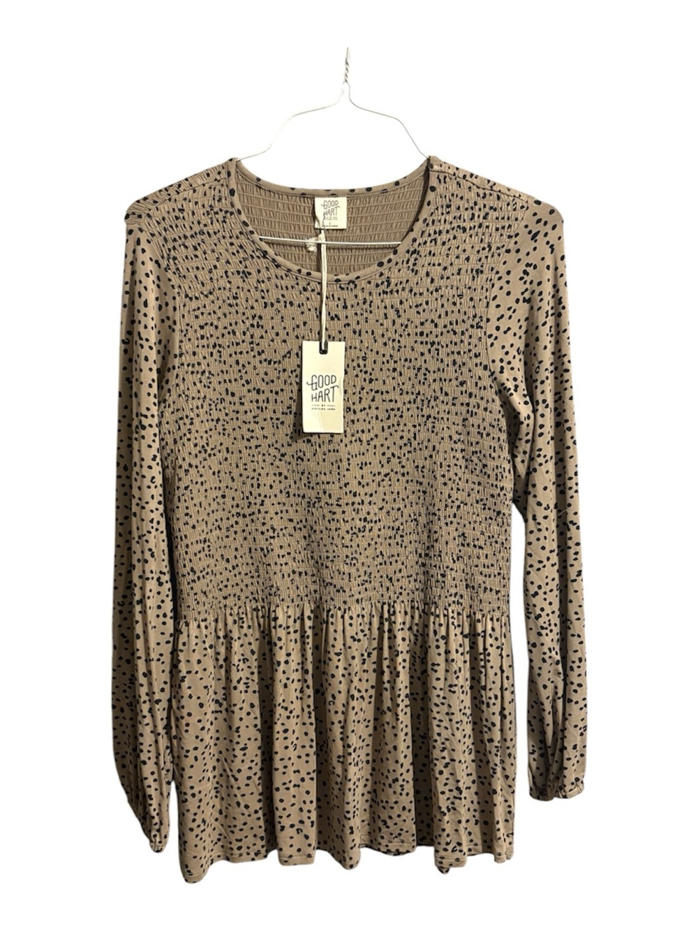 Good Hart Tan Black Dot Peplum Long Sleeve Top